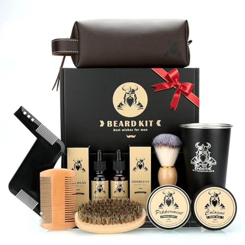 Beard Kit Gifts for Men, Father's Day Birthday Gifts for Men Dad Him, Grooming & Trimming Tool Complete Set, Beard Care Kit with 2 Beard Growth Oil/Balm/Brush/Comb/Shaving Soap/Cup&Storage Bag