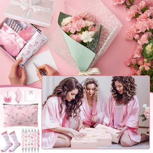 Sieral 14 Pcs Christmas Coquette Pink Bow Gift Set for Santa Women Include Pink Bow Tote Bag 20oz Stainless Steel Cup Socks Gel Ink Pens Sticky Keychain Eye Mask for Gifts