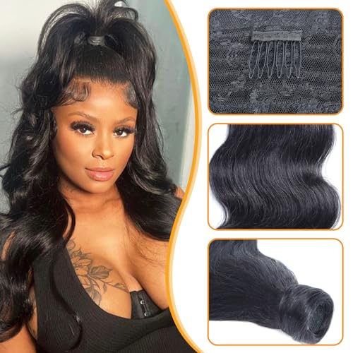 Body Wave Ponytail Extension 16 Inch Human Hair Wrap Around Clip-In for Black Women