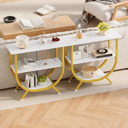 3-Tier Console Table with Storage - Industrial Entryway Sofa Table - Gold & White