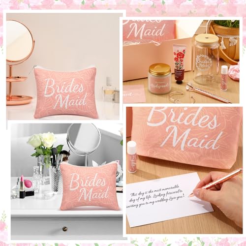 Meanplan 14 Pcs Bridesmaid Proposal Gifts Set, Will You Be My Bridesmaid Gifts with Proposal Box Glass Cup Makeup Bag Cards Lip Balm Hand Cream Candle Scrunchie Bracelet Diamond Pen for Wedding(Pink)