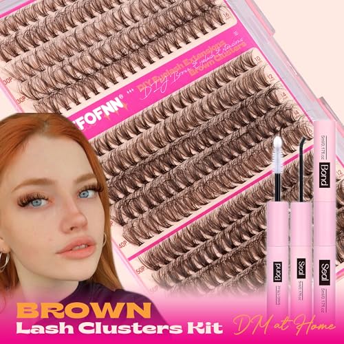 Eefofnn Brown Eyelash Clusters Kit 300 Pcs Natural Lash Clusters Kit 30P+40P+50P Brown Cluster Eyelash Extensions Kit Wispy Individual Lashes Bond and Seal Glue Fuzzy Lashes Extension Kit DIY at Home