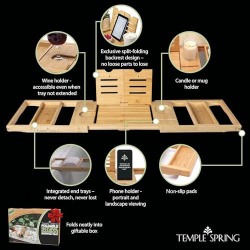 Foldable Bamboo Bathtub Tray Caddy - Expandable Wooden Bath Table with Wine & Book Holders - Space-Saving Bath Accessory - Housewarming Gift