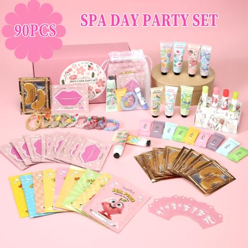 Firstfly 90Pcs Pink Spa Skincare Set for Kids & Teens - Party Favors, Masks, Lip Balm, Hand Cream, Stocking Stuffers