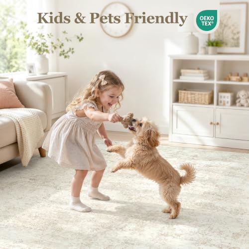 Beige 8x10 Washable Area Rug for Living Room and Bedroom - Non Slip, Pet Friendly