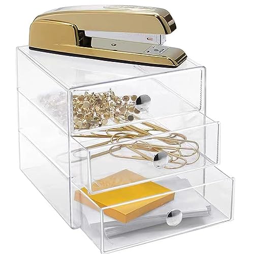 Makeup Drawer Organizer Box with 3 Acrylic Drawers - Silver Handle