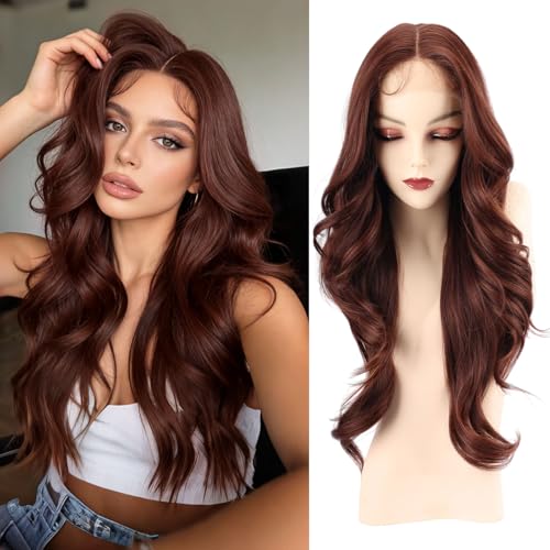 WIGENIUS 24 Inch Curly Synthetic Lace Front Wig - Matte Burgundy Brown Wavy Middle Part with Baby Hair, Breathable Heat-Resistant Hair, T433/327HD