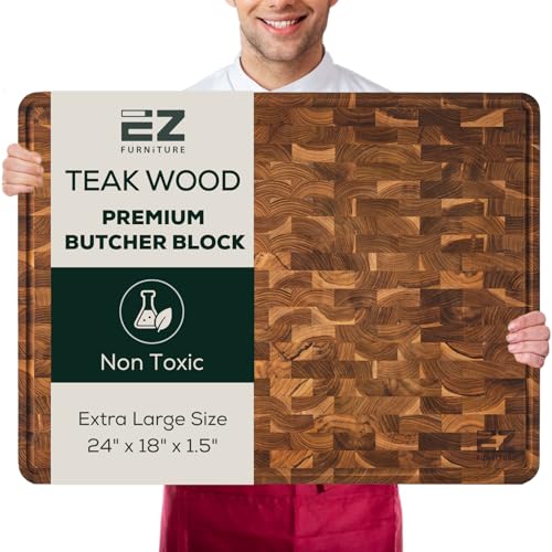 EZ FURNITURE XL Teak End Grain Reversible Cutting Board 24" x 18" with Juice Groove & Handles