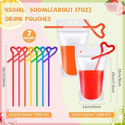 17 oz Clear Plastic Drink Pouches with Straws - 1000 Pack, Reusable, Stand-Up Design