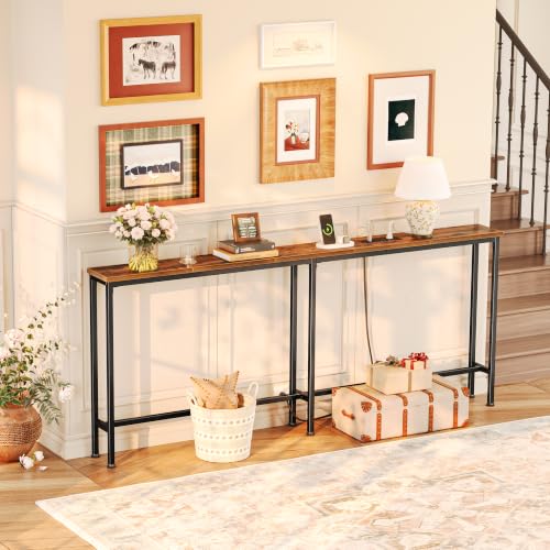Rustic Brown 70.8 Inch Console Table with Charging Station - Narrow Sofa Table