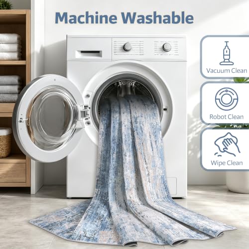 Large Washable 8x10 Area Rug for Living Room & Bedroom Blue Brown - Non Slip