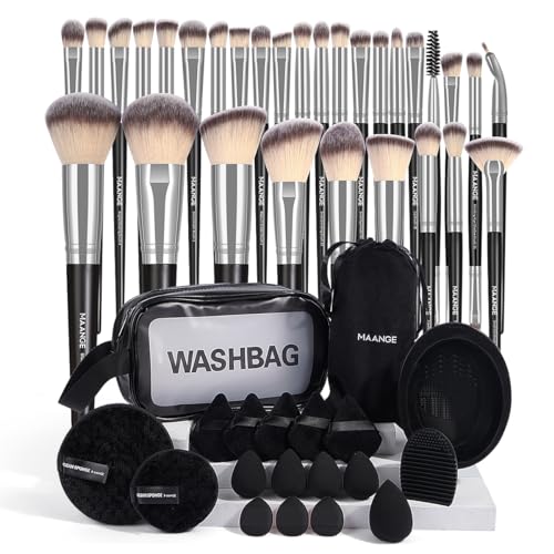 MAANGE 30pcs Professional Makeup Brush Set With Velvet Bag&5pcs Beauty Blender&2pcs Makeup Remover Puff&5pcs Triangle Powder Puff&3pcs Mini Thumb Puff&Toiletry Bag&2pcs Cleaning Mat (Blacksliver)