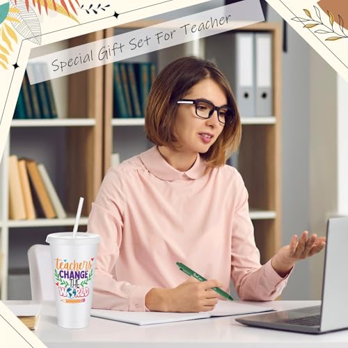 Pickmesh 24oz Teacher Gift Set - White Inspirational Straw Cup, Makeup Bag, Keychain, Ballpoint Pens