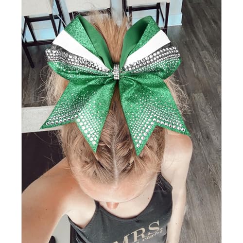 Deeka 6 pcs 7" Glitter Cheer Hair Bows for Girls with Rhinestones - Green/Black/White