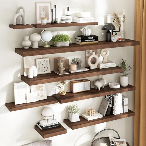 48 Inch Floating Wall Shelves with 9-Inch Depth, Walnut Finish, 2-Pack, 60 Lb Capacity, Wall Mountable