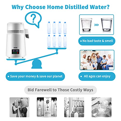 Water Distiller 1.1 Gal - White, 750W Countertop Purification Machine with Timer