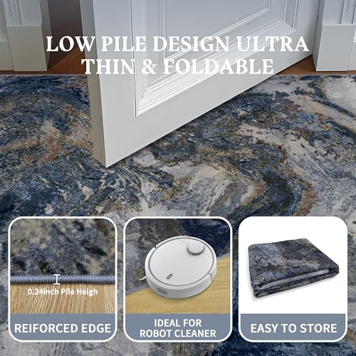 Blue and Gold Abstract Rug 9x12 Washable Area Rug for Living Room - Pet Friendly, Non-Slip Backing