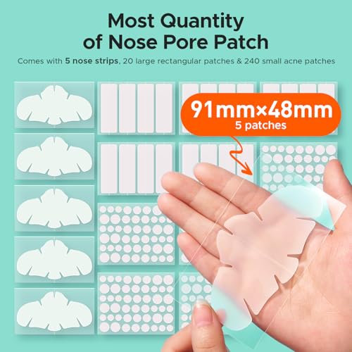 TKTK Hydrocolloid Nose Patches, XL Nose Pore Strips 91 x 48 mm, Large Hydrocolloid Acne Pimple Patches for Face, Cover Zit Blemishes & Absorb Oil (Nose Contoured, Strip, Dots 5 Sizes 265 Count)