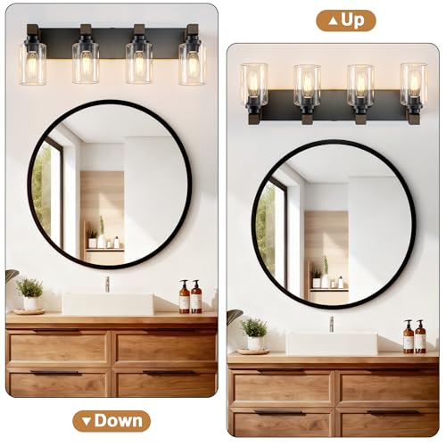 Farmhouse 4-Light Bathroom Vanity Light Fixtures - Black and Wood - Variation of Black and Wood / 4-Light