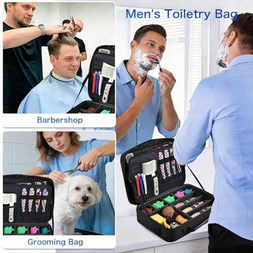 Yueieoun Professional Barber Clipper Case Organizer Bag, Black – Adjustable Dividers, 6-Slot Scissors Panel, Travel Grooming Tool Storage
