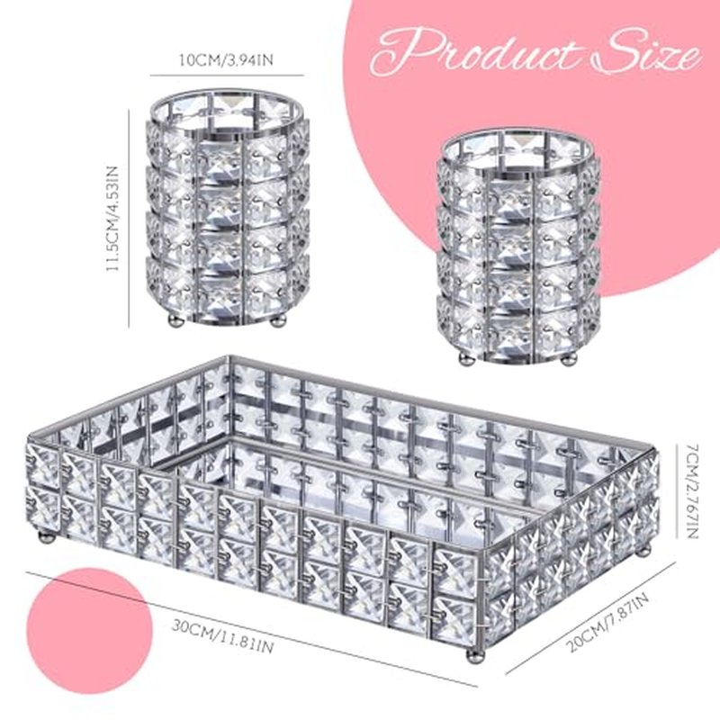 3 Pieces Crystal Makeup Brush Holder Organizer Vanity Makeup Tray Set, 2 Pcs Crystal Bling Cosmetics Brushes Cup 1 Storage Jewelry Trinket Tray Bathroom Sink Vanity Trays, 11.81 x 7.87 x 2.76 Inch