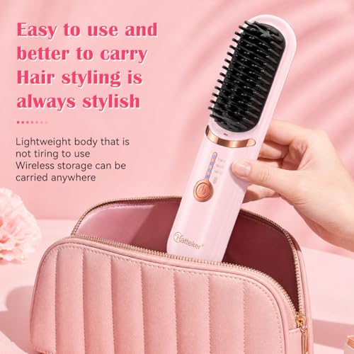 Hatteker Cordless Hair Straightener Brush Pink - Travel & Detangling Styling Tool