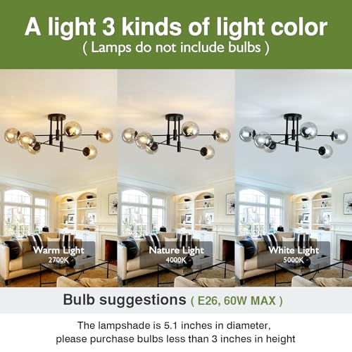 Black 6-Light Glass Globe Sputnik Ceiling Light Fixture Modern Farmhouse Chandelier
