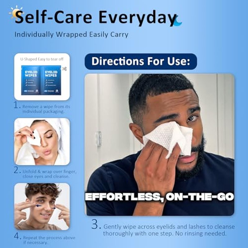 60PCs Eyelid & Lash Wipes with Hyaluronic Acid, Tea Tree Oil Eye Cleaser For Blepharitis, Itchy & Stye Eyes, Pre-Moistened Eyelid Wipes for Dry Eyes Relief, Daily Care Cleanser for Sensitive Eye