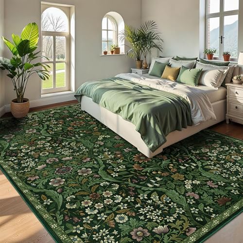 Dark Green 8x10 Floral Botanical Area Rug for Living Room - Boho Carpet