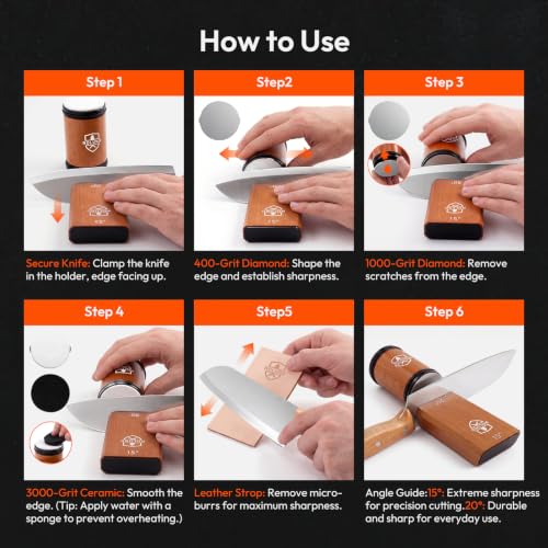 Knife Sharpener Kit with Diamond & Ceramic Discs, 15° & 20° Angles, Wooden Base