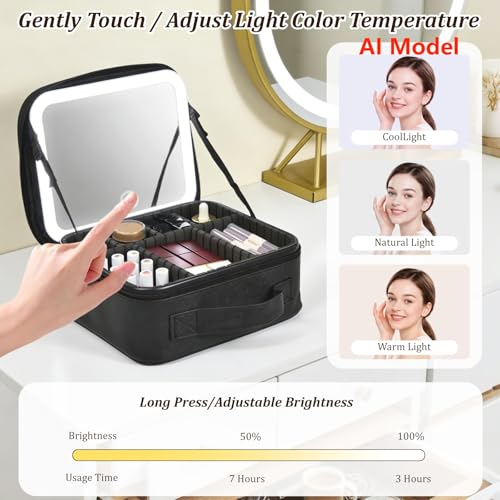 Yaliang Travel Makeup Bag with Lighted Mirror & 8 EVA Dividers, Black (Variation: Black-8 Dividers)