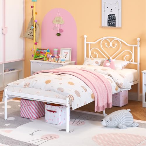 White Twin Bed Frame with Heart Headboard - Heavy Duty Metal Platform for Kids & Teens