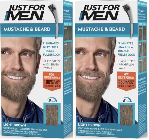 Just For Men Mustache & Beard Dye Light Brown M-25 Pack of 2 with Brush, Biotin & Coconut Oil