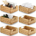 Water Hyacinth Storage Baskets Set of 6 - Natural Woven Bin with Handles, Rectangular Variation