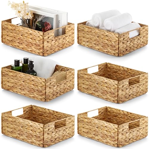 Water Hyacinth Storage Baskets Set of 6 - Natural Woven Bin with Handles, Rectangular Variation