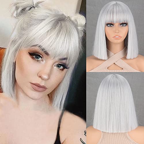 MERISIHAIR Silver Gray Short Bob Wig with Bangs for Women - Straight, Realistic Synthetic Hair, 11-inch Style