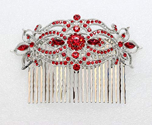 Large Red Floral Hair Comb with Rhinestones for Wedding & Party
