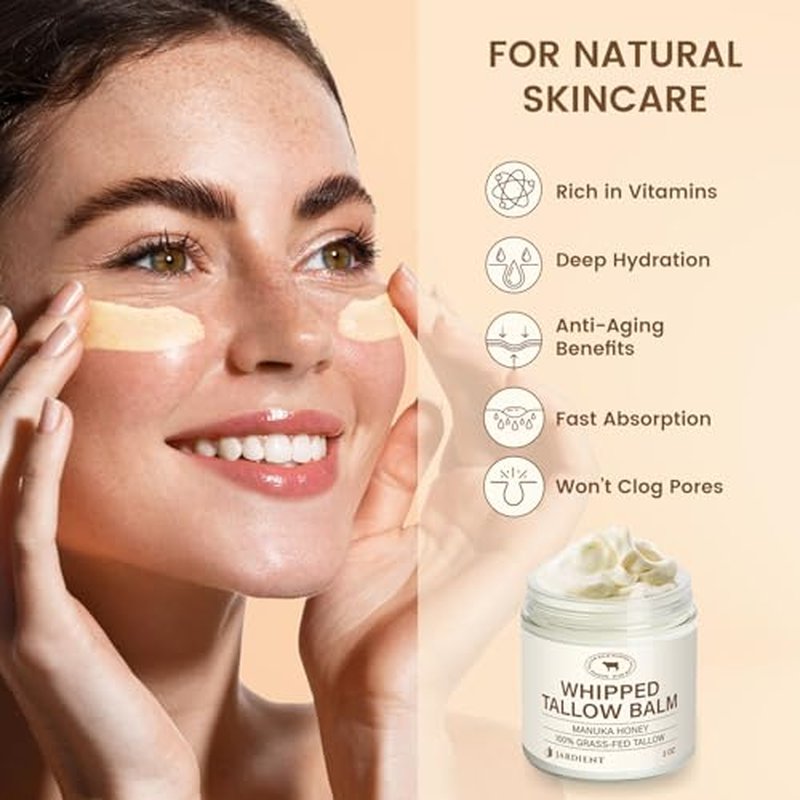 Beef Tallow Honey Balm for Skin: 100% Grass-Fed Beef Tallow Moisturizer For Face and Body - Organic Moisturizer Cream with Olive Oil Manuka Honey for Eczema and Dry Skin 2OZ