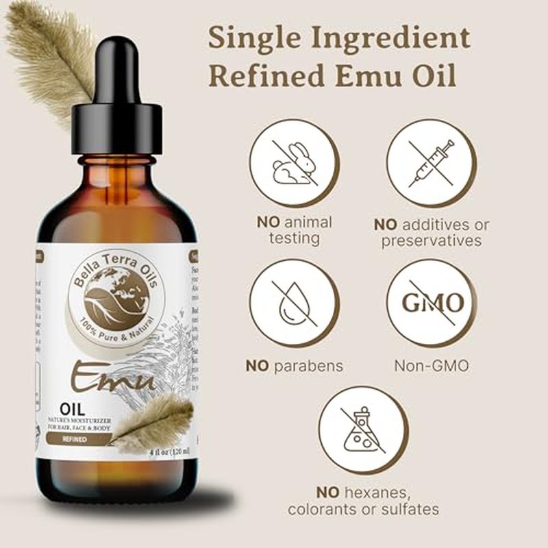 Bella Terra Oils - Emu Oil 4oz - The Ultimate Australian Emu Elixir, Packed with Essential Fatty Acids and Vitamins, Timeless Beauty's Secret Ingredient
