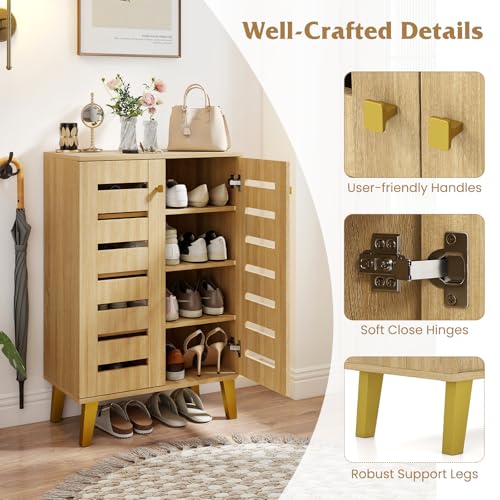 GIANTEX Shoe Cabinet with Doors - Slatted Door Modern Wooden Narrow Shoe Storage