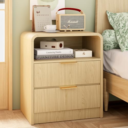 Large Modern Nightstand with 2 Drawers & Open Shelf - Oak Bedside Table