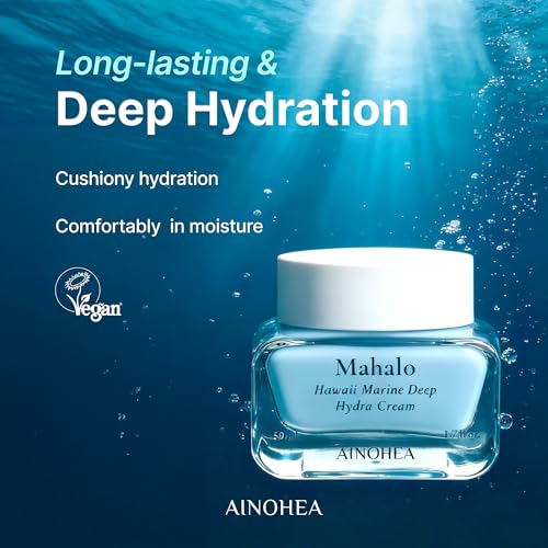 Mahalo Hawaii Marine Deep Hydra Cream ? 100H Moisture Lock-In Gel with Sea Minerals, Spirulina & 11-Type Hyaluronic Acid, Ultra Deep Hydration for Dry & Sensitive Skin, Korean Skincare, 50ml