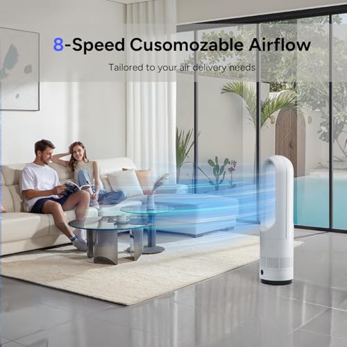 22-Inch Bladeless Tower Fan with Remote, 8 Speeds, Oscillation & Timer - White