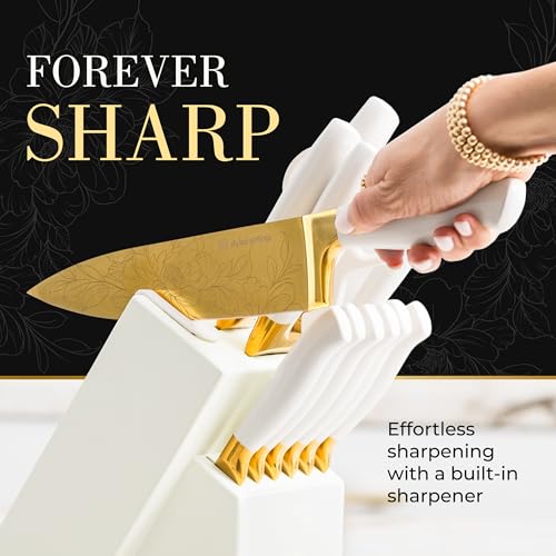 Gold and White Knife Set with Floral Pattern and Built-In Sharpener - 14-Piece with Knife Block (Off White Handle, Gold Blade & White Block)