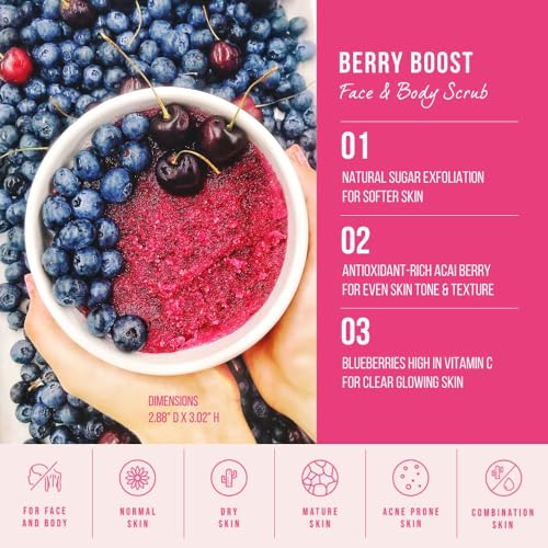 Mojo Spa Berry Boost Superfood Face & Body Scrub | Fruity, Berry Scent | Detoxifying Sugar Based Exfoliator | 10 oz