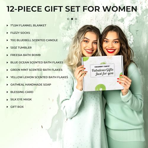 GRANNY SAYS Birthday Gifts Box for Women Unique, Spa Gifts, Self Care Get Well Soon Gifts for Women, Care Package with Flannel Blanket for Mom, Best Friends, Wife, Sister, Green