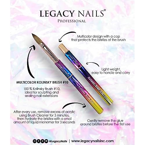 Legacy Nails Professional Multicolor Kolinsky Nail Brush #10 - Perfect For Sculpting Acrylic Nail Extensions Flexible bristles Light weight