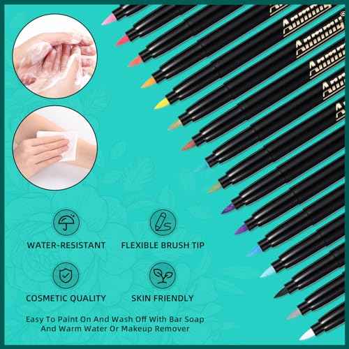 Temporary Tattoo Markers for Skin, 16-Count Body Markers+77 Large Tattoo Stencils of Assorted Colors for kids and Adults, Flexible Brush Tip, Bright colors, Skin-Safe*, Cosmetic-Grade.