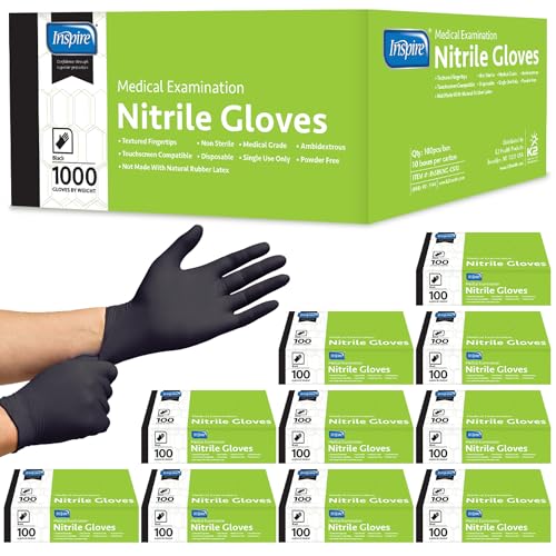 X-Large Inspire Black Nitrile Disposable Gloves - Case of 1000, Medical & Food Safe