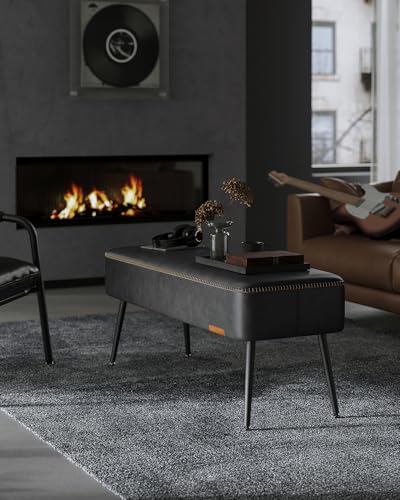 VASAGLE Steel Leg Bench for Entryway - PU Leather, 660 lb Load Capacity, Ink Black Variation